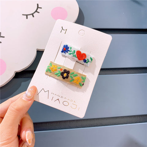 2Pcs/set Children Hair Accessories Girls Heart-shaped Hairpins Embroidery Flower Hair Clips Princess Barrettes Kids Headwear Set
