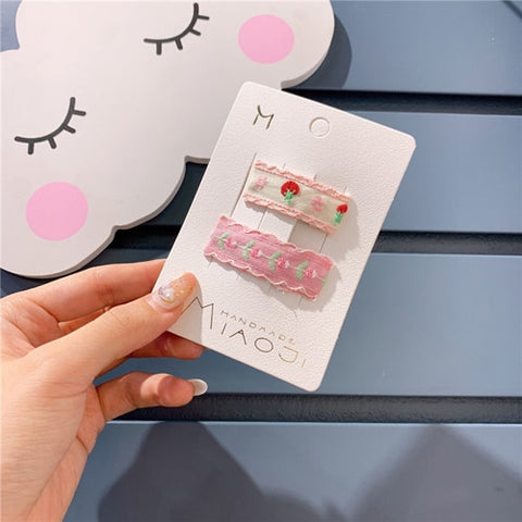 2Pcs/set Children Hair Accessories Girls Heart-shaped Hairpins Embroidery Flower Hair Clips Princess Barrettes Kids Headwear Set