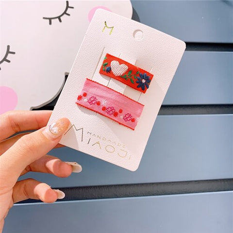 2Pcs/set Children Hair Accessories Girls Heart-shaped Hairpins Embroidery Flower Hair Clips Princess Barrettes Kids Headwear Set