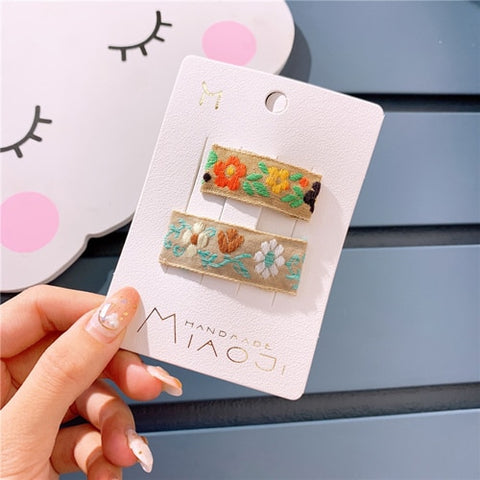 2Pcs/set Children Hair Accessories Girls Heart-shaped Hairpins Embroidery Flower Hair Clips Princess Barrettes Kids Headwear Set