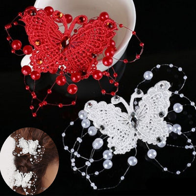 Bride Butterfly Hair Clip Elegant Red White Flower Butterfly Hairpins Wedding Dress Accessories Women Prom Jewelry Headdress