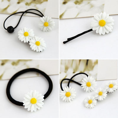 2 PCS Cute Daisy Flower Hair Clip Black Elastic Hair Ring Rope Bands Hairpins Ponytail Holder Woman Girls Hair Accessories