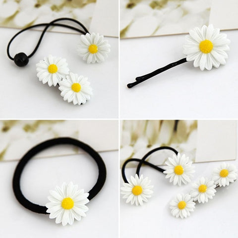 2 PCS Cute Daisy Flower Hair Clip Black Elastic Hair Ring Rope Bands Hairpins Ponytail Holder Woman Girls Hair Accessories