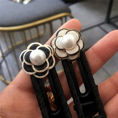 Black White Flower Pearl Adornment Cloth Wrapped Duckbill Clips Hair Side Clips Hairpins Women Girls Elegant Hair Accessories