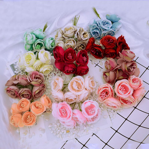 6pcs/bundle silk tea buds roses stamen scrapbooking diy christmas garland home wedding decoration accessories artificial flowers