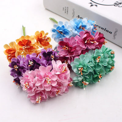 6pcs  Stamen Cherry Artificial Flowers For Wedding Decoration Garland Cloth Apparel Sewing Needlework Arts DIY Craft Supplies