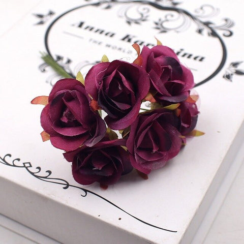 6pcs/lot  Mini Rose Artificial Flowers For Wedding Decoration Garland Cloth Apparel Sewing Needlework Art DIY Craft Supplies