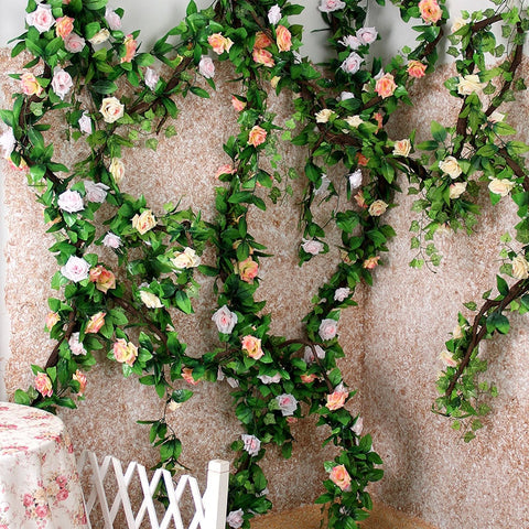 235cm Silk Artificial Roses Flowers Rattan String Vines For Home Wedding Decoration Fake plants DIY Hanging Garland wreath wall