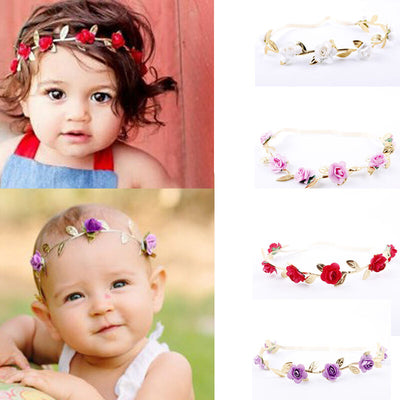 Toddler Newborn Kids Crown Headband Baby Girl Kids Garlands Gold Leaves Hair Band Rose Flower Wreath Red Blue White Beige