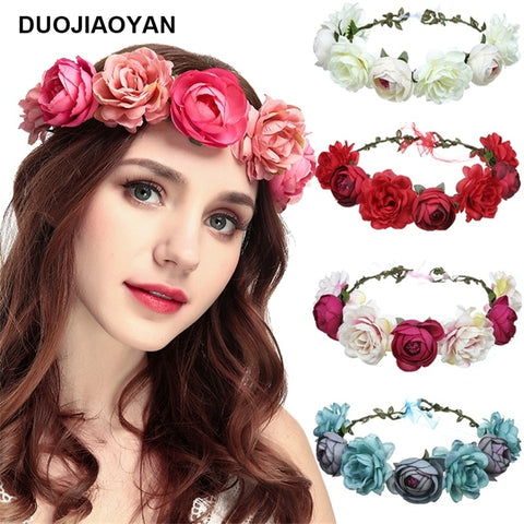 DUOJIAOYAN Color Flower Crown Bridal Wreath Headband Women Girls Boho Garlands Wedding Rose Hair accessories