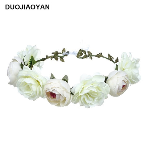 DUOJIAOYAN Color Flower Crown Bridal Wreath Headband Women Girls Boho Garlands Wedding Rose Hair accessories