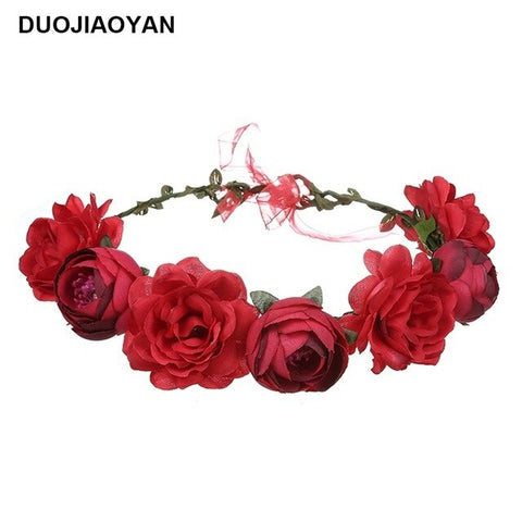 DUOJIAOYAN Color Flower Crown Bridal Wreath Headband Women Girls Boho Garlands Wedding Rose Hair accessories