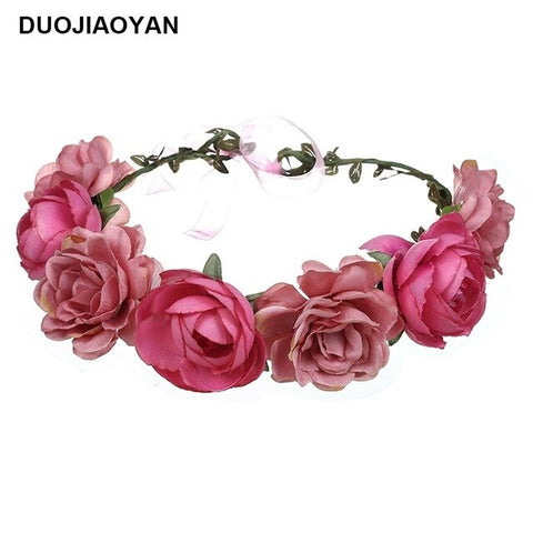 DUOJIAOYAN Color Flower Crown Bridal Wreath Headband Women Girls Boho Garlands Wedding Rose Hair accessories