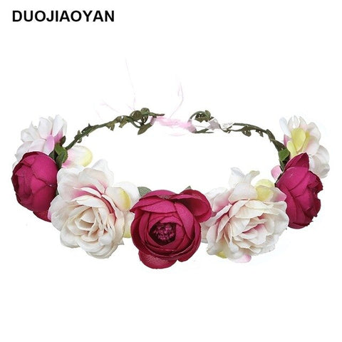 DUOJIAOYAN Color Flower Crown Bridal Wreath Headband Women Girls Boho Garlands Wedding Rose Hair accessories