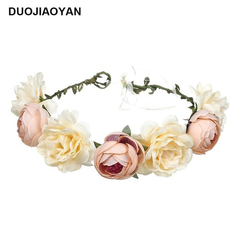 DUOJIAOYAN Color Flower Crown Bridal Wreath Headband Women Girls Boho Garlands Wedding Rose Hair accessories