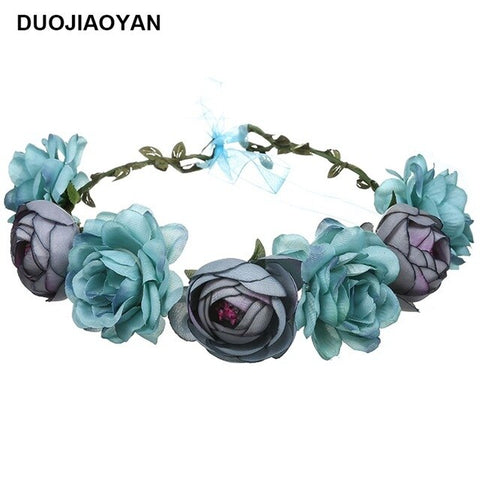 DUOJIAOYAN Color Flower Crown Bridal Wreath Headband Women Girls Boho Garlands Wedding Rose Hair accessories