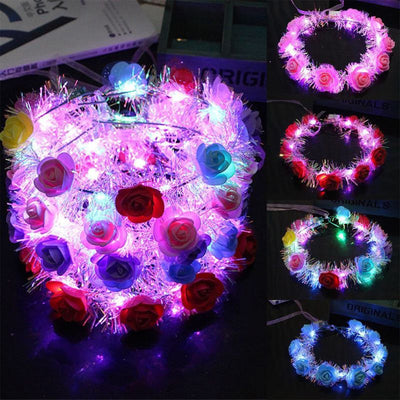 Women Children LED Light Up Flower Crown Glitter Reflective Tinsel Wreath Headband Luminous Headwear for Christmas Holiday Party