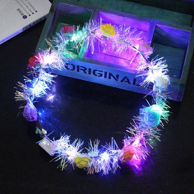 Women Children LED Light Up Flower Crown Glitter Reflective Tinsel Wreath Headband Luminous Headwear for Christmas Holiday Party