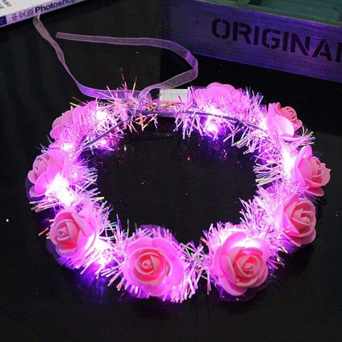 Women Children LED Light Up Flower Crown Glitter Reflective Tinsel Wreath Headband Luminous Headwear for Christmas Holiday Party