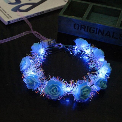 Women Children LED Light Up Flower Crown Glitter Reflective Tinsel Wreath Headband Luminous Headwear for Christmas Holiday Party