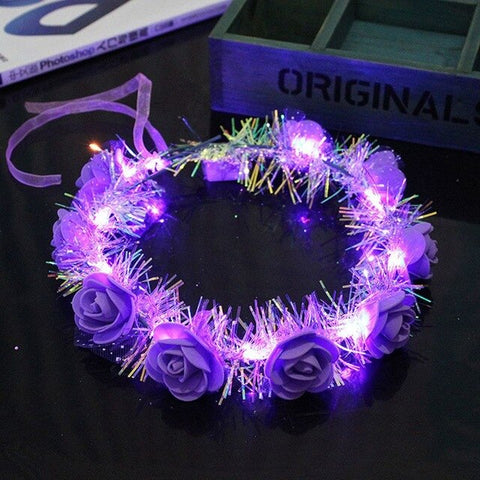 Women Children LED Light Up Flower Crown Glitter Reflective Tinsel Wreath Headband Luminous Headwear for Christmas Holiday Party