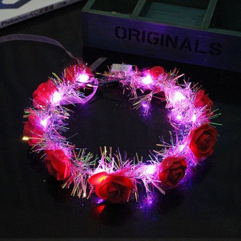 Women Children LED Light Up Flower Crown Glitter Reflective Tinsel Wreath Headband Luminous Headwear for Christmas Holiday Party