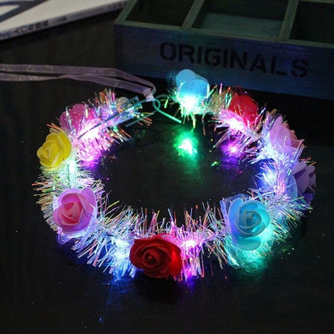 Women Children LED Light Up Flower Crown Glitter Reflective Tinsel Wreath Headband Luminous Headwear for Christmas Holiday Party