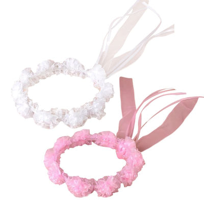 Child Girl Wedding Headband Artificial Mesh Flower Adjustable Ribbon Crown Wreath Faux Pearl Beading First Communion Photo Props