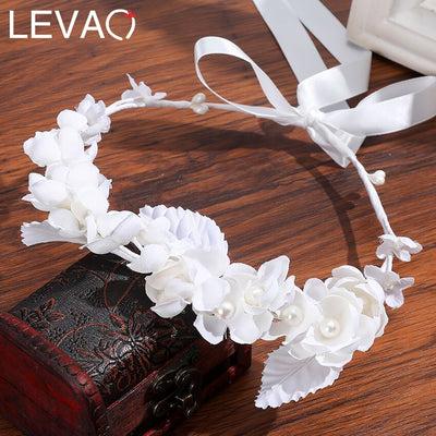 Levao White Flower Crown Headband Bracelet for Bride Wedding Headwear Romantic Pearl Floral Garland Wreath Head Hoop Headpieces