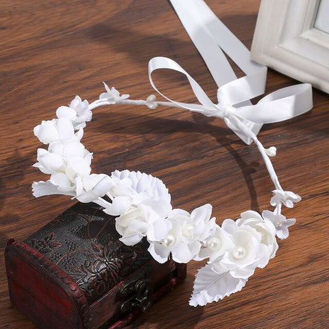 Levao White Flower Crown Headband Bracelet for Bride Wedding Headwear Romantic Pearl Floral Garland Wreath Head Hoop Headpieces
