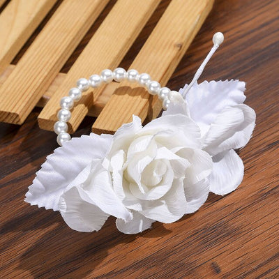 Levao White Flower Crown Headband Bracelet for Bride Wedding Headwear Romantic Pearl Floral Garland Wreath Head Hoop Headpieces