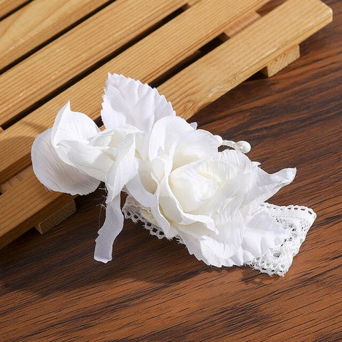 Levao White Flower Crown Headband Bracelet for Bride Wedding Headwear Romantic Pearl Floral Garland Wreath Head Hoop Headpieces