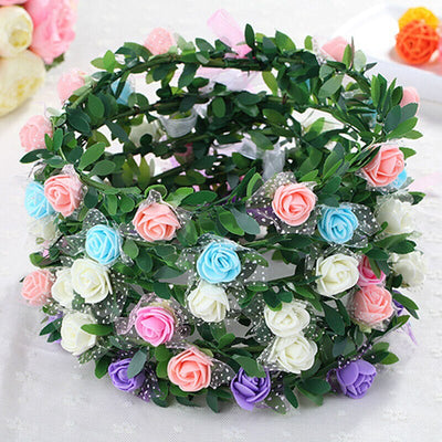 Flower Tiara Girl Crown Headband Head Beach Bridal Flower Hair Comb Wedding Floral Bride Wreath Women Hair Garlands Pink Blue