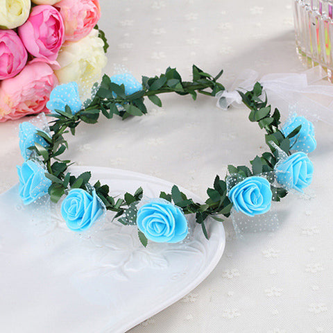 Flower Tiara Girl Crown Headband Head Beach Bridal Flower Hair Comb Wedding Floral Bride Wreath Women Hair Garlands Pink Blue