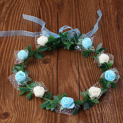 Flower Tiara Girl Crown Headband Head Beach Bridal Flower Hair Comb Wedding Floral Bride Wreath Women Hair Garlands Pink Blue