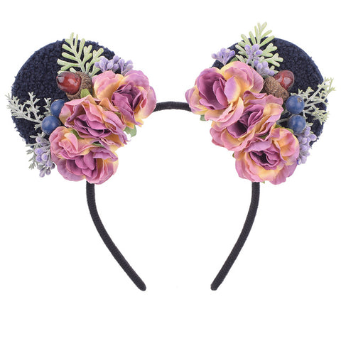 Gradient Peony Pine Nuts Flower Floral Crown Minnie Mouse Ear Flower Headband Girls Cat Ear Floral Hairband For Playground Party