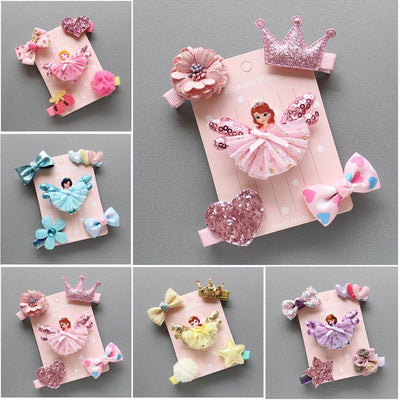 LOEEL 5Pcs/Lot New Children Headwear Set Cartoon Frozen Princess Barrette Cotton Crown Flower Bowknot Hairpin Girls Headdress