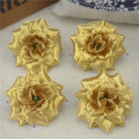 10Pcs 3 Layer Gold Handmade Mini Artificial Silk Rose Flowers Heads DIY Scrapbooking Garland Fake Flower For Wedding Decorative