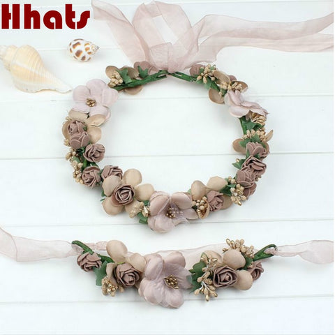 Champagne blue pink peach purple rose white beige red handmade flower headband crown garland handwrist sets for wedding festival