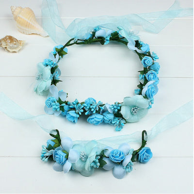 Champagne blue pink peach purple rose white beige red handmade flower headband crown garland handwrist sets for wedding festival