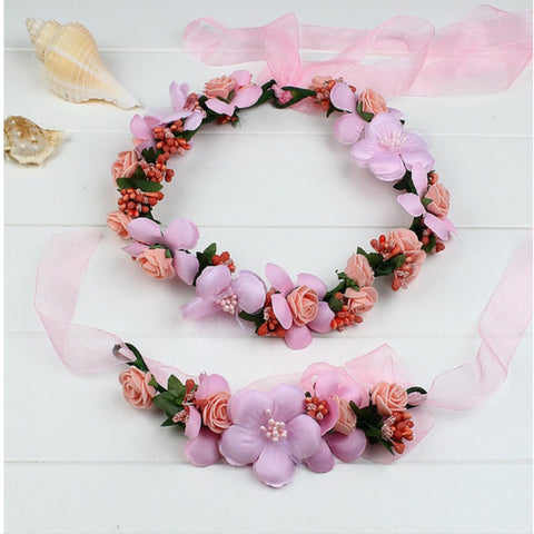 Champagne blue pink peach purple rose white beige red handmade flower headband crown garland handwrist sets for wedding festival