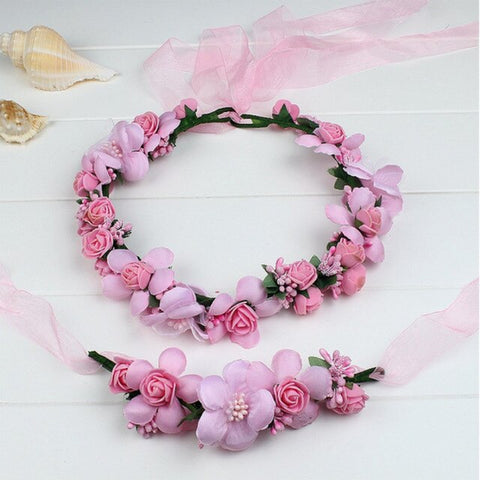 Champagne blue pink peach purple rose white beige red handmade flower headband crown garland handwrist sets for wedding festival