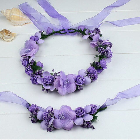 Champagne blue pink peach purple rose white beige red handmade flower headband crown garland handwrist sets for wedding festival