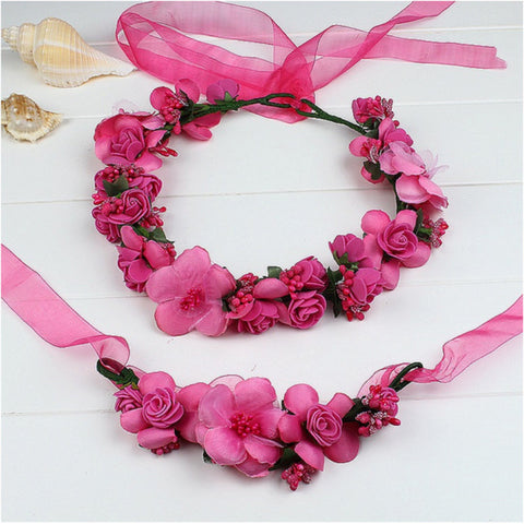 Champagne blue pink peach purple rose white beige red handmade flower headband crown garland handwrist sets for wedding festival