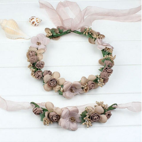 Champagne blue pink peach purple rose white beige red handmade flower headband crown garland handwrist sets for wedding festival