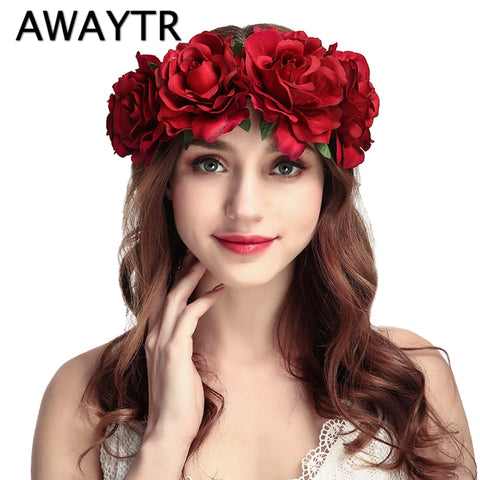 AWAYTR Wedding Flower Crown Head Band Women Wedding Floral Head Wreath Bridesmaid Bridal Headpiece Female Flower Headband