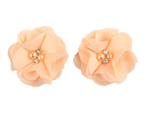 2pcs Lovely Girls Mini Chiffon Flowers with Pearl Rhinestone Center Hair Clips Lace Flower for Hair Accessories