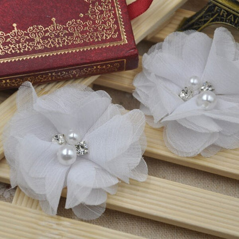 2pcs Lovely Girls Mini Chiffon Flowers with Pearl Rhinestone Center Hair Clips Lace Flower for Hair Accessories