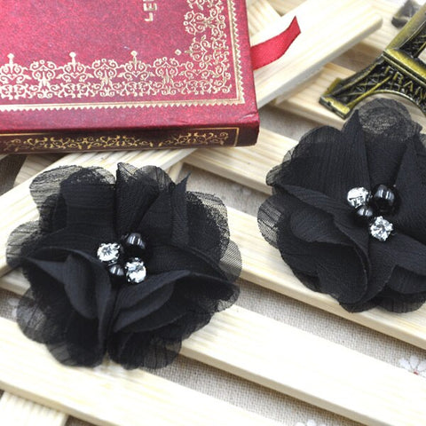 2pcs Lovely Girls Mini Chiffon Flowers with Pearl Rhinestone Center Hair Clips Lace Flower for Hair Accessories