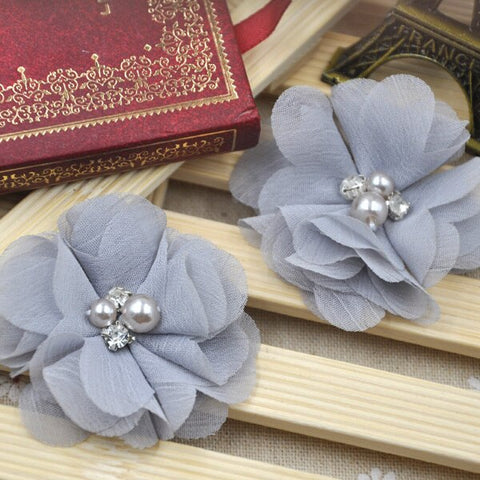 2pcs Lovely Girls Mini Chiffon Flowers with Pearl Rhinestone Center Hair Clips Lace Flower for Hair Accessories